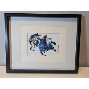 Dynamic Horse Asian Ink Style Painting Signed Framed Art Wall Decor 15x12